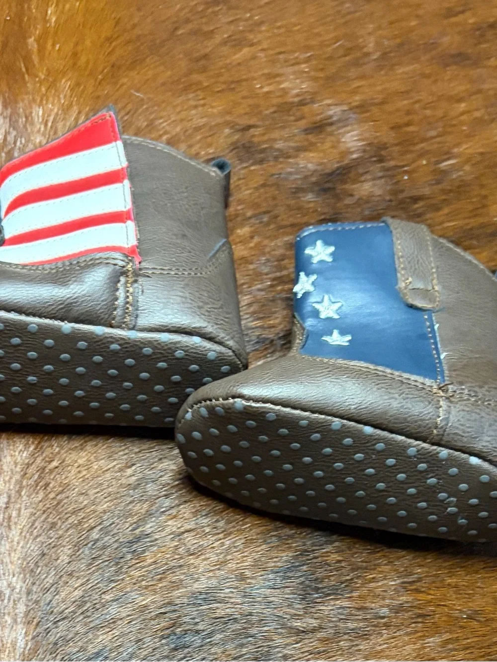 6-9 Months Rising Star Brown Boots with Red & Blue Flag Details